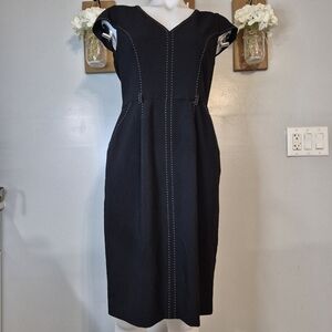 Evan Picone V-Neck Cap Sleeve Stitch Detail Midi Dress